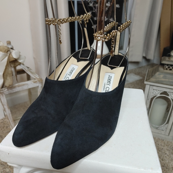 JIMMY CHOO Betha 85 Suede And Nappa Leather Mules With Chain, Black 37 - Picture 3 of 16